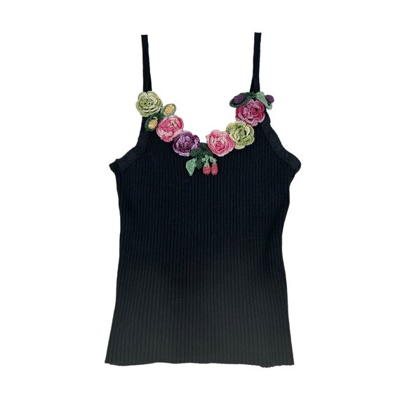 No Brand Tops - Crochet Floral Ribbed Cami Black Size X-Small